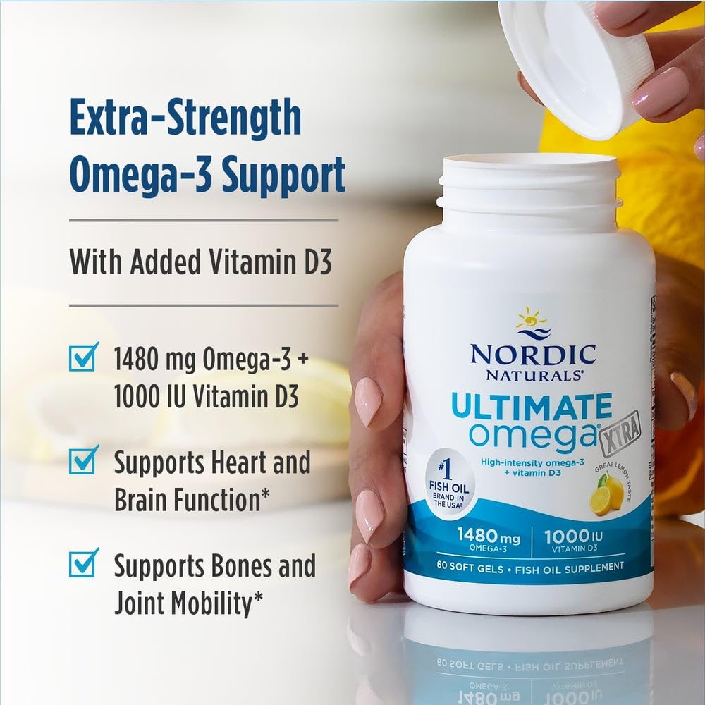 Nordic Naturals Ultimate Omega Xtra, Lemon Flavor - 60 Soft Gels - 1480 mg Omega-3 + 1000 IU Vitamin D3 - EPA & DHA - Brain, Heart, & Immune Health - 30 Servings - TrustMedUSA