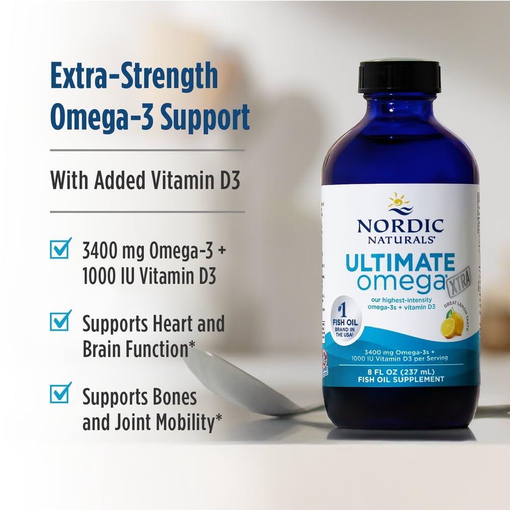 Nordic Naturals Ultimate Omega Xtra Liquid, Lemon Flavor - 8 oz - 3400 mg Omega-3 + 1000 IU Vitamin D3 - EPA & DHA - Brain, Heart, Joint, & Immune Health - Non-GMO - 48 Servings - TrustMedUSA