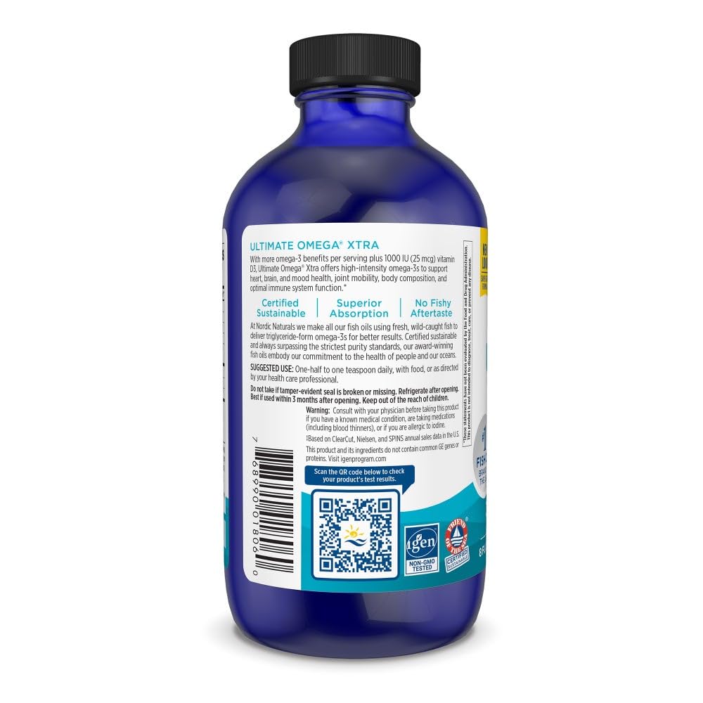 Nordic Naturals Ultimate Omega Xtra Liquid, Lemon Flavor - 8 oz - 3400 mg Omega-3 + 1000 IU Vitamin D3 - EPA & DHA - Brain, Heart, Joint, & Immune Health - Non-GMO - 48 Servings - TrustMedUSA