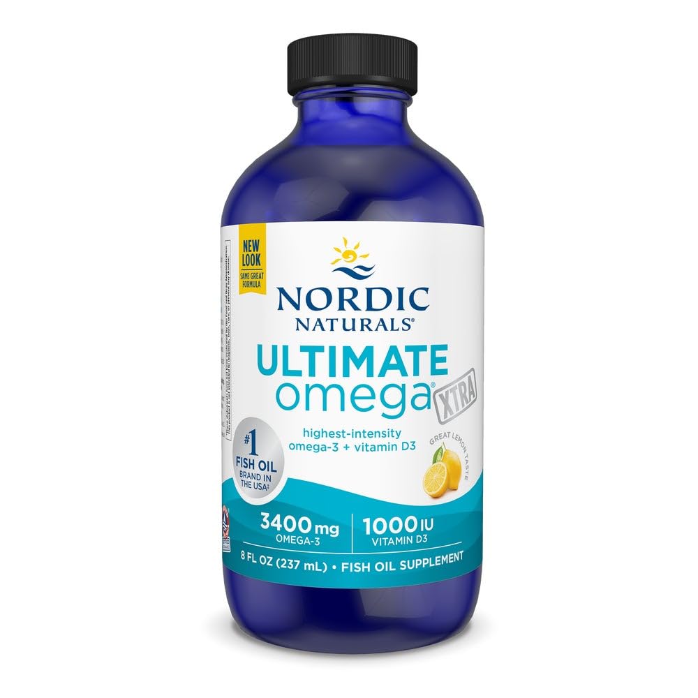 Nordic Naturals Ultimate Omega Xtra Liquid, Lemon Flavor - 8 oz - 3400 mg Omega-3 + 1000 IU Vitamin D3 - EPA & DHA - Brain, Heart, Joint, & Immune Health - Non-GMO - 48 Servings - TrustMedUSA