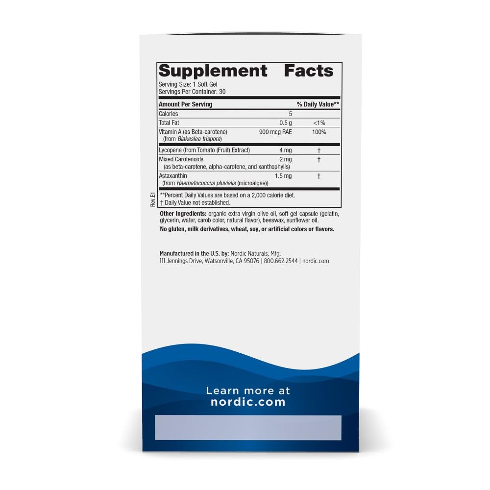 Nordic Naturals Vitamin A + Carotenoids, Unflavored - 30 Soft Gels - Lycopene & Astaxanthin - Supports Skin, Cellular Health - Non-GMO - 30 Servings - TrustMedUSA