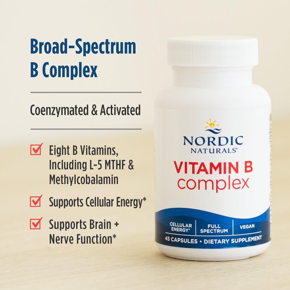 Nordic Naturals Vitamin B Complex - 45 Capsules Thiamine, Riboflavin, Niacin, B6 & B12, Folate, Biotin, Pantothenic Acid Heart Brain Health, Energy, Metabolism Non-GMO Servings - TrustMedUSA