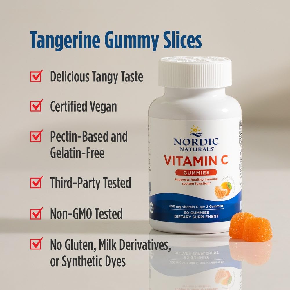 Nordic Naturals Vitamin C Gummies, Tart Tangerine - 120 Gummies - 250 mg Vitamin C - Immune Support, Antioxidant Protection - TrustMedUSA