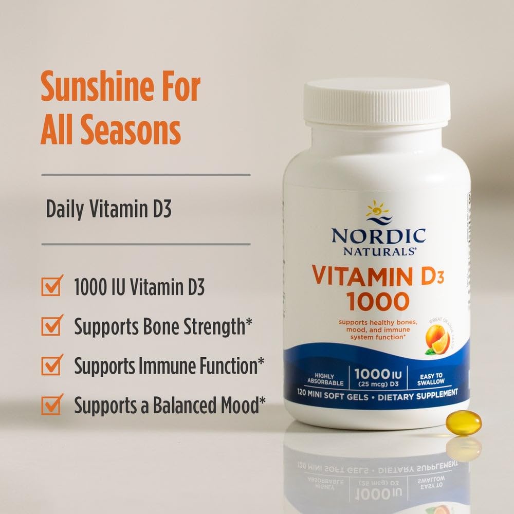 Nordic Naturals Vitamin D3 1000, Orange - 120 Mini Soft Gels - 1000 IU Vitamin D3 - Supports Healthy Bones, Mood & Immune System Function - Non-GMO - 120 Servings - TrustMedUSA