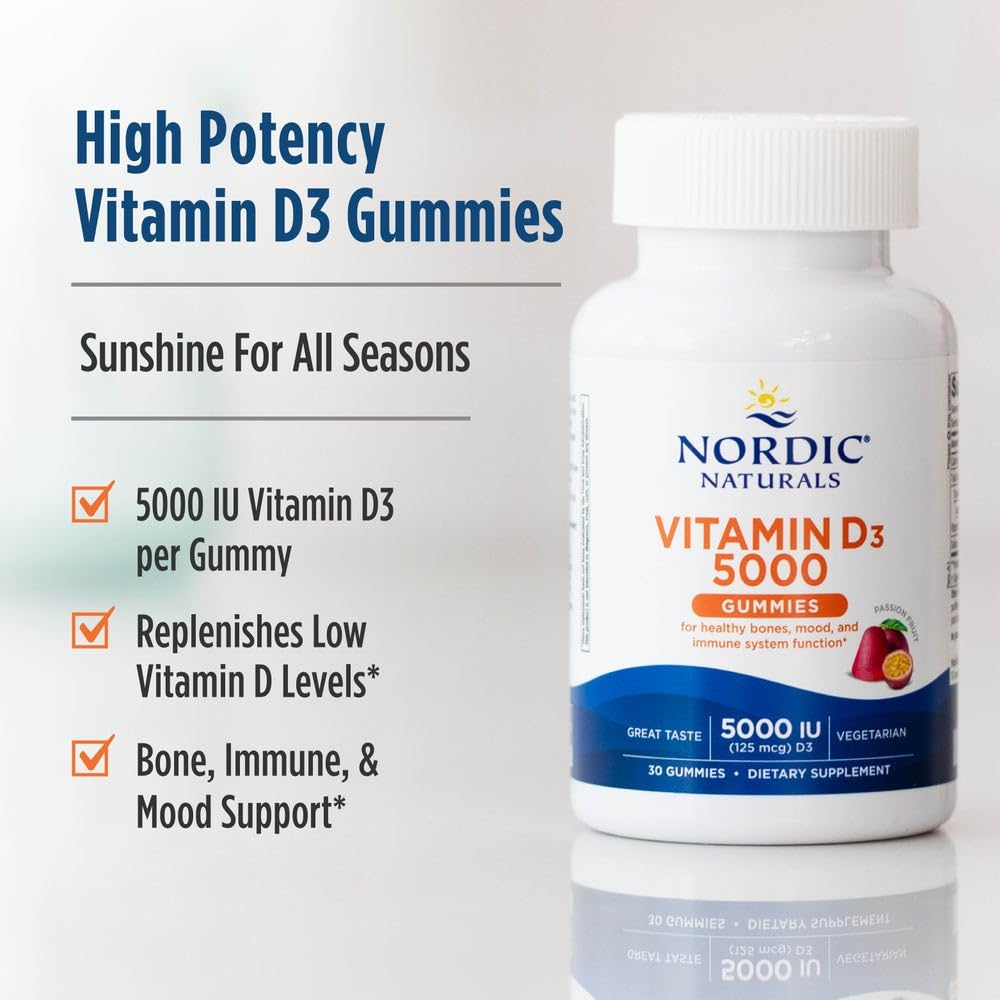 Nordic Naturals Vitamin D3 5000 Gummies, Passion Fruit - 30 Gummies - Support for Healthy Bones, Mood, & Immune System - Vegetarian - Non-GMO - 30 Servings - TrustMedUSA