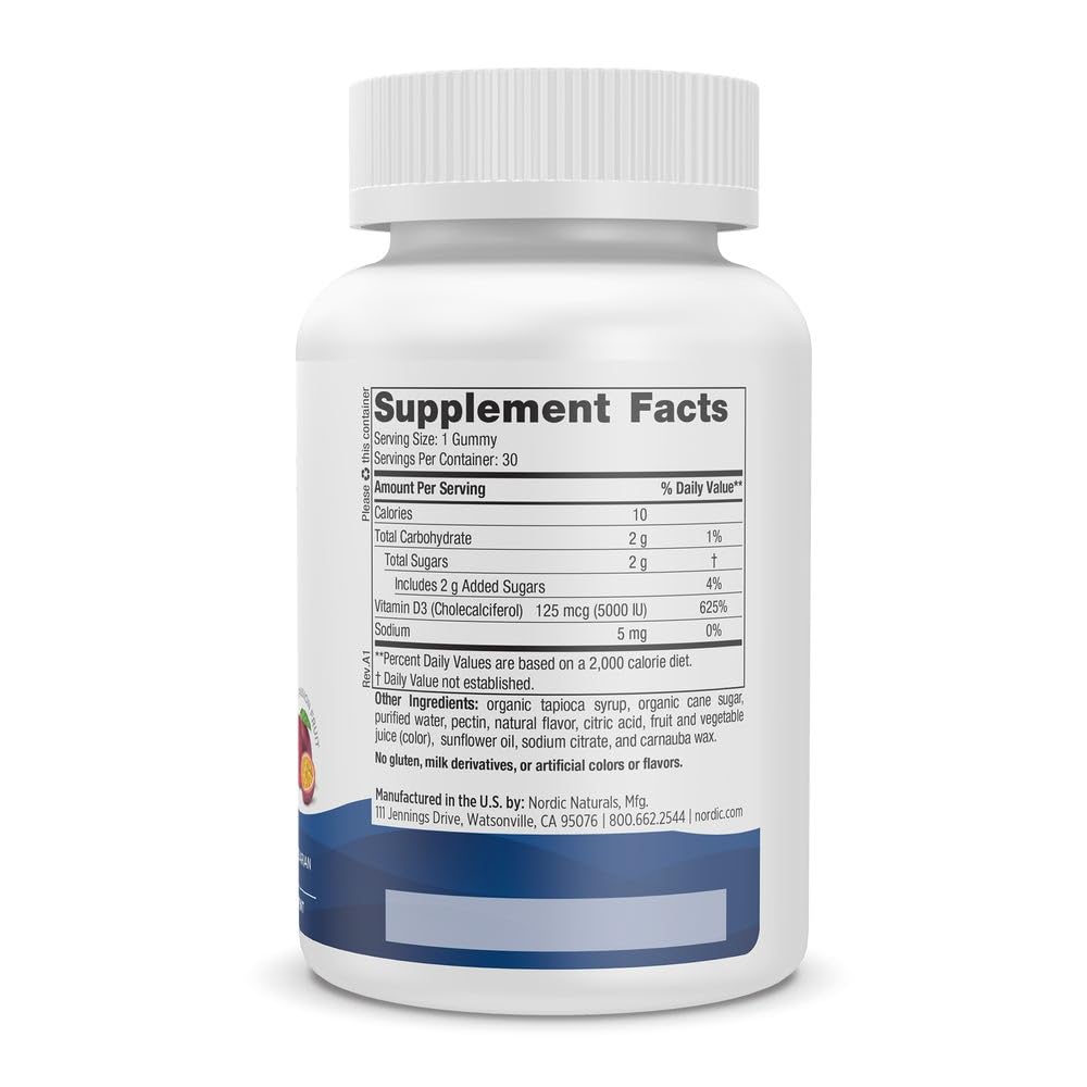 Nordic Naturals Vitamin D3 5000 Gummies, Passion Fruit - 30 Gummies - Support for Healthy Bones, Mood, & Immune System - Vegetarian - Non-GMO - 30 Servings - TrustMedUSA