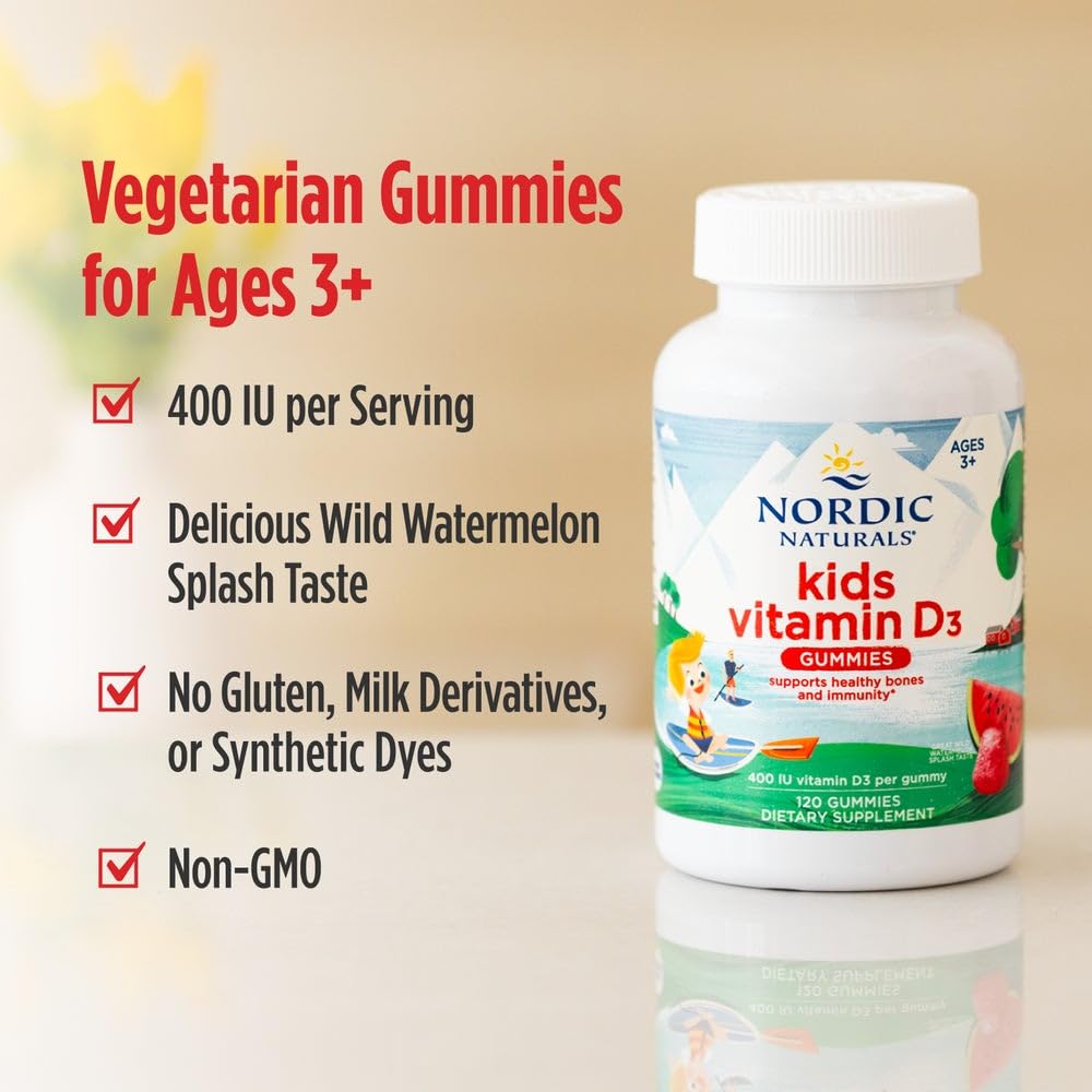 Nordic Naturals Vitamin D3 Gummies Kids, Wild Watermelon Splash - 120 Gummies - 400 IU Vitamin D3 - Bone Health, Healthy Immunity - Non-GMO, Vegetarian - 120 Servings - TrustMedUSA