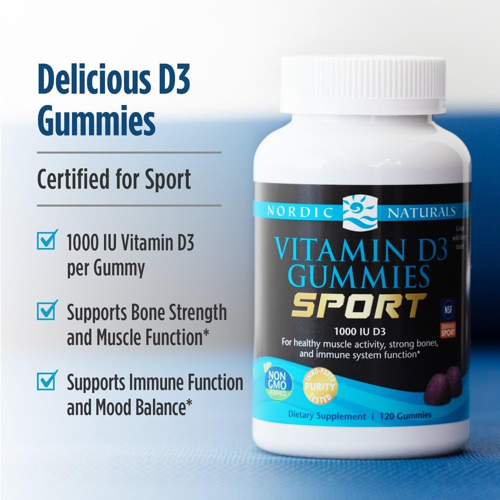 Nordic Naturals Vitamin D3 Gummies Sport, Wild Berry - 120 Gummies - 1000 IU Vitamin D3 - NSF Certified - Healthy Bones, Mood & Immune System Function - Non-GMO - 120 Servings - TrustMedUSA