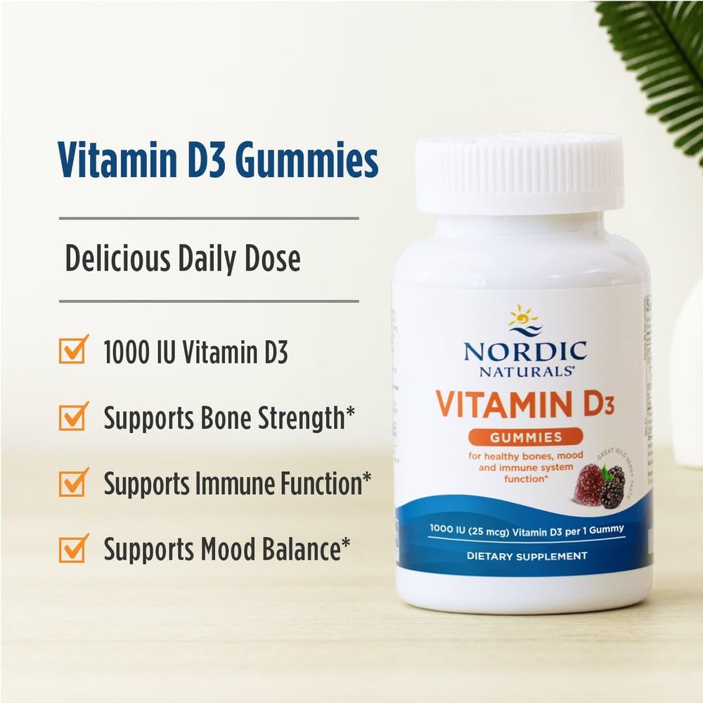 Nordic Naturals Vitamin D3 Gummies, Wild Berry - 120 Gummies - 1000 IU Vitamin D3, 1.4 mg Iron - Great Taste - Healthy Bones, Mood & Immune System Function - Non-GMO - 120 Servings - TrustMedUSA
