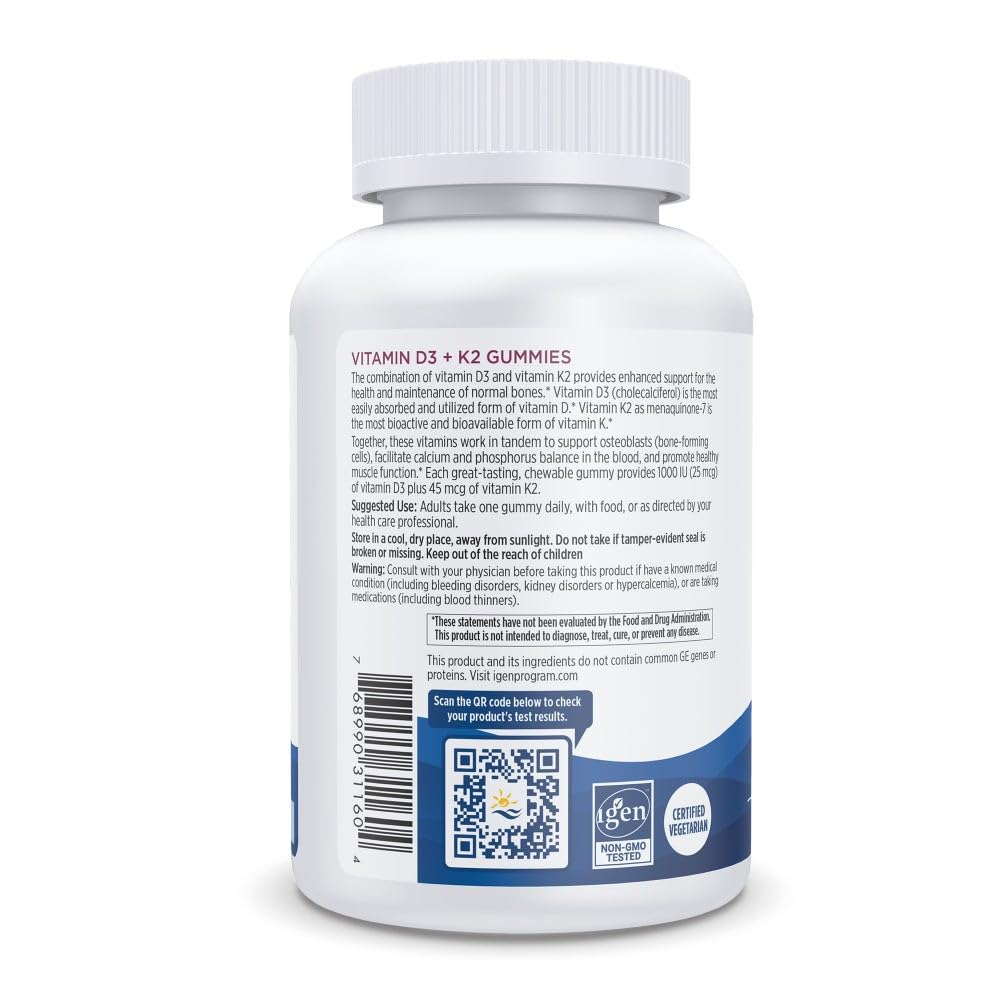 Nordic Naturals Vitamin D3 + K2 Gummies, Pomegranate - 60 Gummies - 1000 IU Vitamin D3 + 45 mcg K2 - Great Taste - Bone Health, Promotes Healthy Muscle Function - Non-GMO - 60 Servings - TrustMedUSA