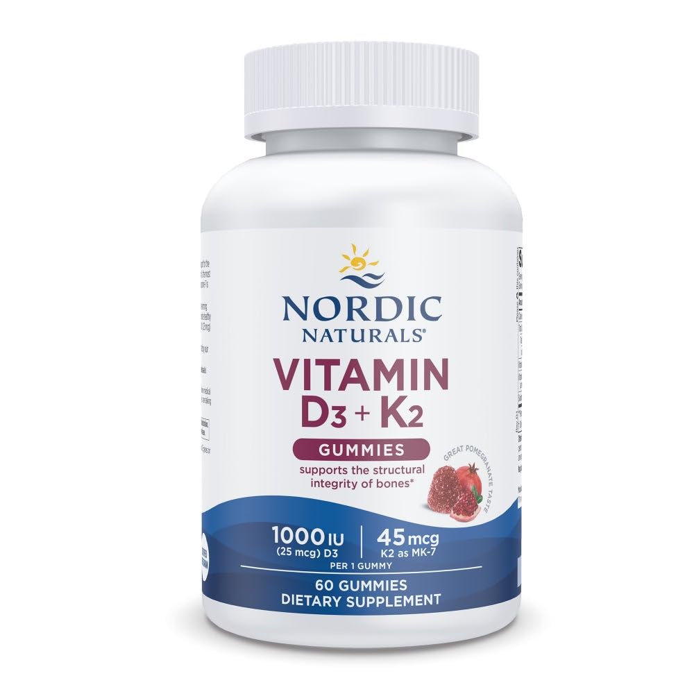 Nordic Naturals Vitamin D3 + K2 Gummies, Pomegranate - 60 Gummies - 1000 IU Vitamin D3 + 45 mcg K2 - Great Taste - Bone Health, Promotes Healthy Muscle Function - Non-GMO - 60 Servings - TrustMedUSA