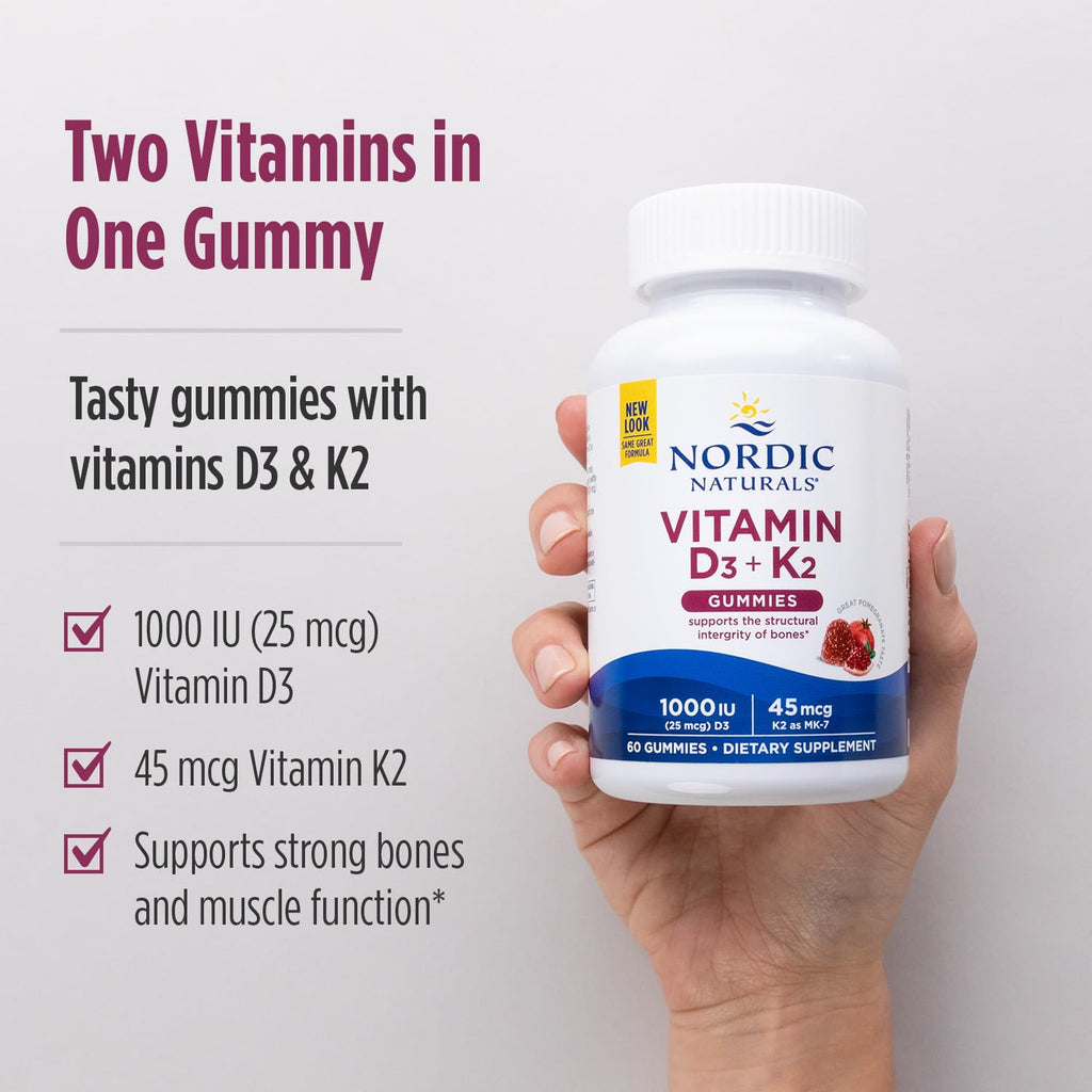 Nordic Naturals Vitamin D3 + K2 Gummies, Pomegranate - 60 Gummies - 1000 IU Vitamin D3 + 45 mcg K2 - Great Taste - Bone Health, Promotes Healthy Muscle Function - Non-GMO - 60 Servings - TrustMedUSA