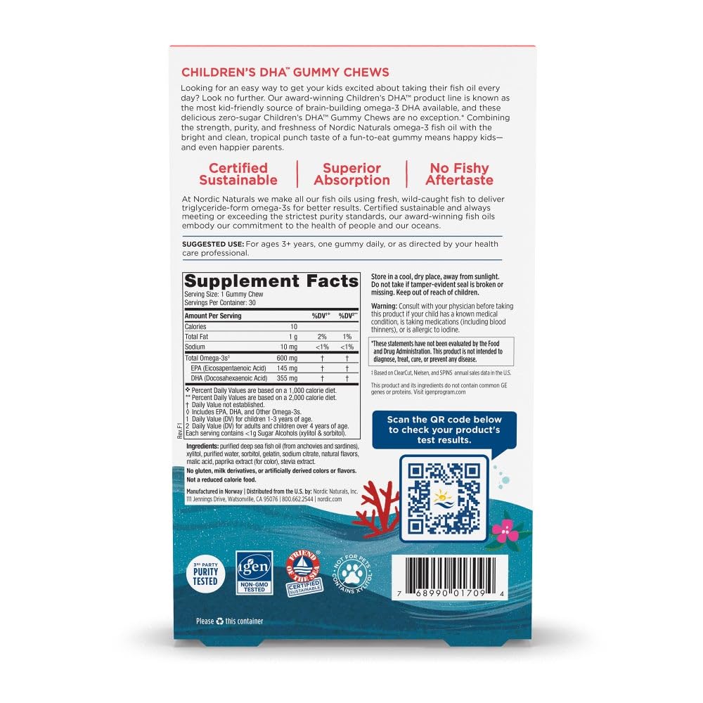 Nordic Naturals Zero Sugar Children’s DHA Gummy Chews, Tropical Punch - 30 Gummy Chews for Kids - 600 mg Total Omega-3s - Brain Development - TrustMedUSA