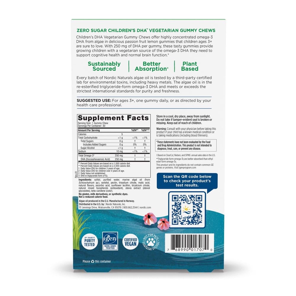 Nordic Naturals Zero Sugar Children’s DHA Vegetarian Gummy Chews - Passion Fruit Lemon Flavor - 30 Gummies - Vegan Algae Oil Omega-3 Supplement for Kids Brain & Cognition Support - 30 Servings - TrustMedUSA