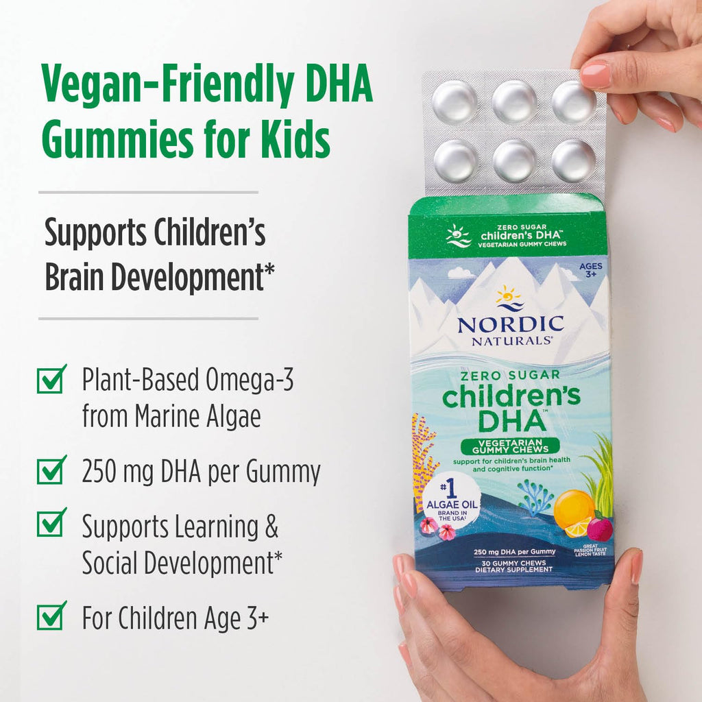 Nordic Naturals Zero Sugar Children’s DHA Vegetarian Gummy Chews - Passion Fruit Lemon Flavor - 30 Gummies - Vegan Algae Oil Omega-3 Supplement for Kids Brain & Cognition Support - 30 Servings - TrustMedUSA