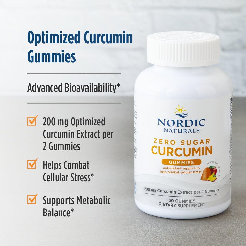 Nordic Naturals Zero Sugar Curcumin Gummies, Mango - 60 Gummies - 200 mg Optimized Curcumin Extract - Great Taste - Antioxidant Support, Healthy Metabolic Balance - Non-GMO, Vegan - 30 Servings - TrustMedUSA
