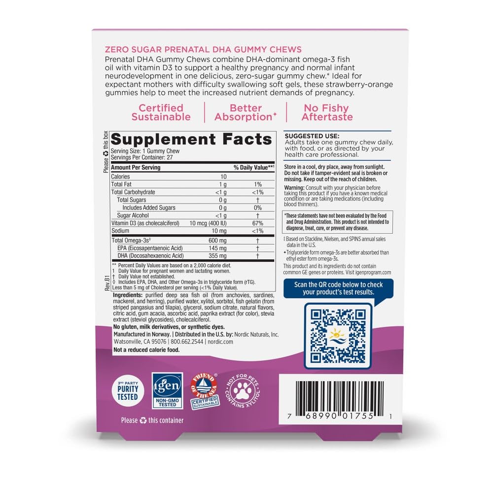 Nordic Naturals Zero Sugar DHA Prenatal Vitamin Gummies, Strawberry Orange Flavor - 27 Gummies - Supplements for Pregnancy - 600 mg Omega-3 Fish Oil and 400 IU Vitamin D3-27 Servings - TrustMedUSA