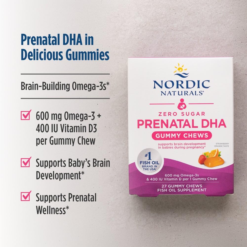 Nordic Naturals Zero Sugar DHA Prenatal Vitamin Gummies, Strawberry Orange Flavor - 27 Gummies - Supplements for Pregnancy - 600 mg Omega-3 Fish Oil and 400 IU Vitamin D3-27 Servings - TrustMedUSA