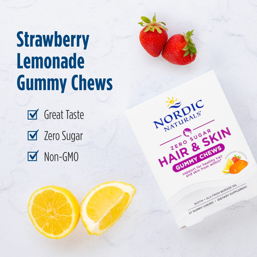 Nordic Naturals Zero Sugar Hair & Skin Gummy Chews, Strawberry Lemonade - 27 Gummy Chews - Biotin + GLA from Borage Oil - Promotes Healthy Balance of Fats in Skin - Non-GMO - 27 Servings - TrustMedUSA