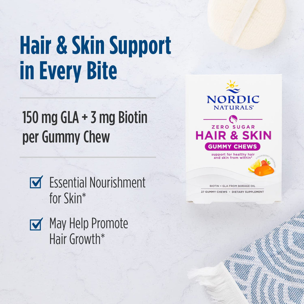 Nordic Naturals Zero Sugar Hair & Skin Gummy Chews, Strawberry Lemonade - 27 Gummy Chews - Biotin + GLA from Borage Oil - Promotes Healthy Balance of Fats in Skin - Non-GMO - 27 Servings - TrustMedUSA