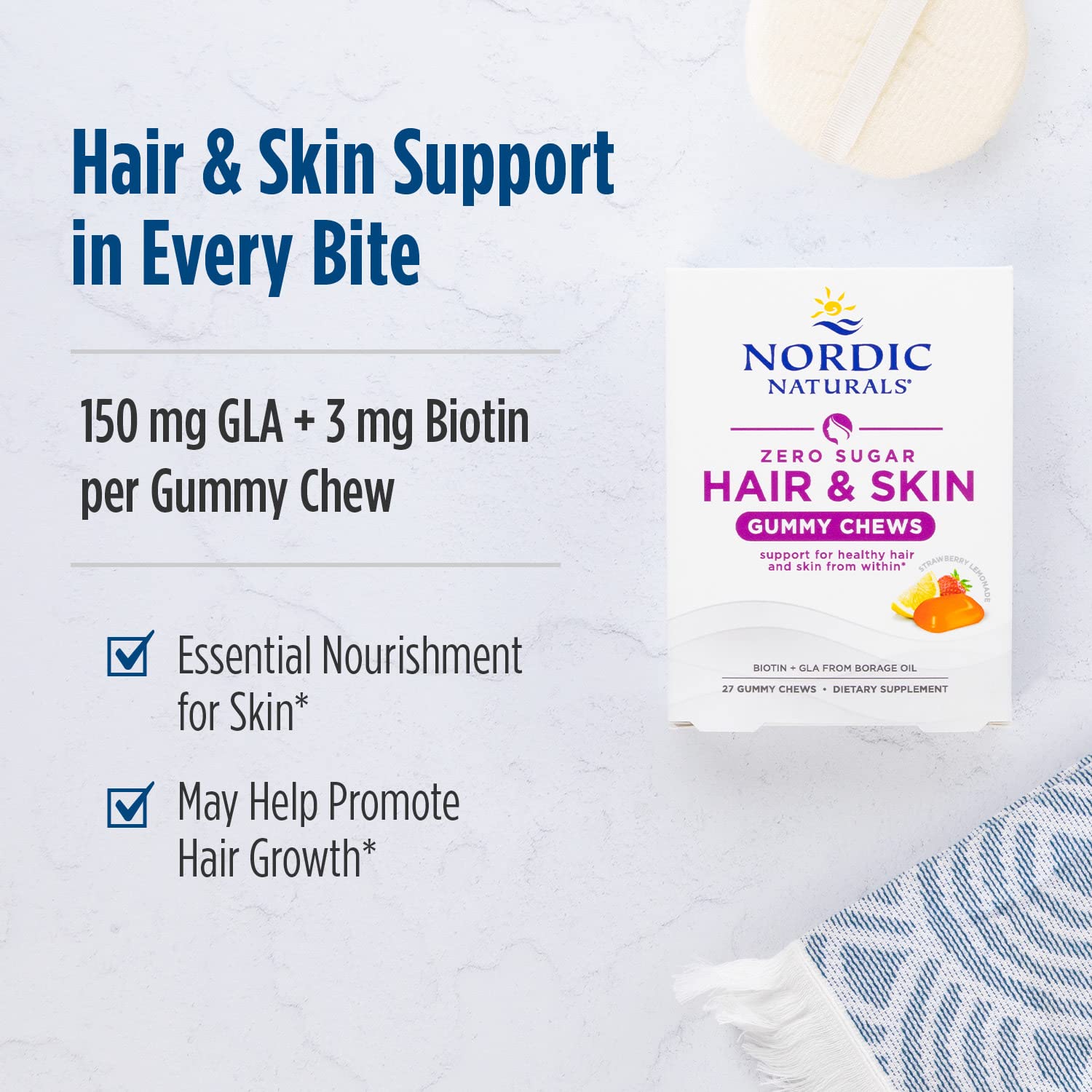 Nordic Naturals Zero Sugar Hair & Skin Gummy Chews, Strawberry Lemonade - 27 Gummy Chews - Biotin + GLA from Borage Oil - Promotes Healthy Balance of Fats in Skin - Non-GMO - 27 Servings - TrustMedUSA