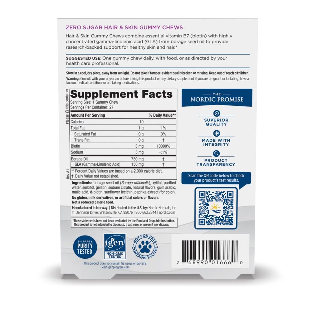 Nordic Naturals Zero Sugar Hair & Skin Gummy Chews, Strawberry Lemonade - 27 Gummy Chews - Biotin + GLA from Borage Oil - Promotes Healthy Balance of Fats in Skin - Non-GMO - 27 Servings - TrustMedUSA