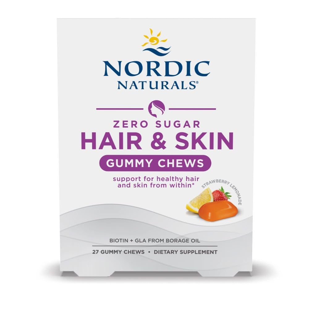 Nordic Naturals Zero Sugar Hair & Skin Gummy Chews, Strawberry Lemonade - 27 Gummy Chews - Biotin + GLA from Borage Oil - Promotes Healthy Balance of Fats in Skin - Non-GMO - 27 Servings - TrustMedUSA