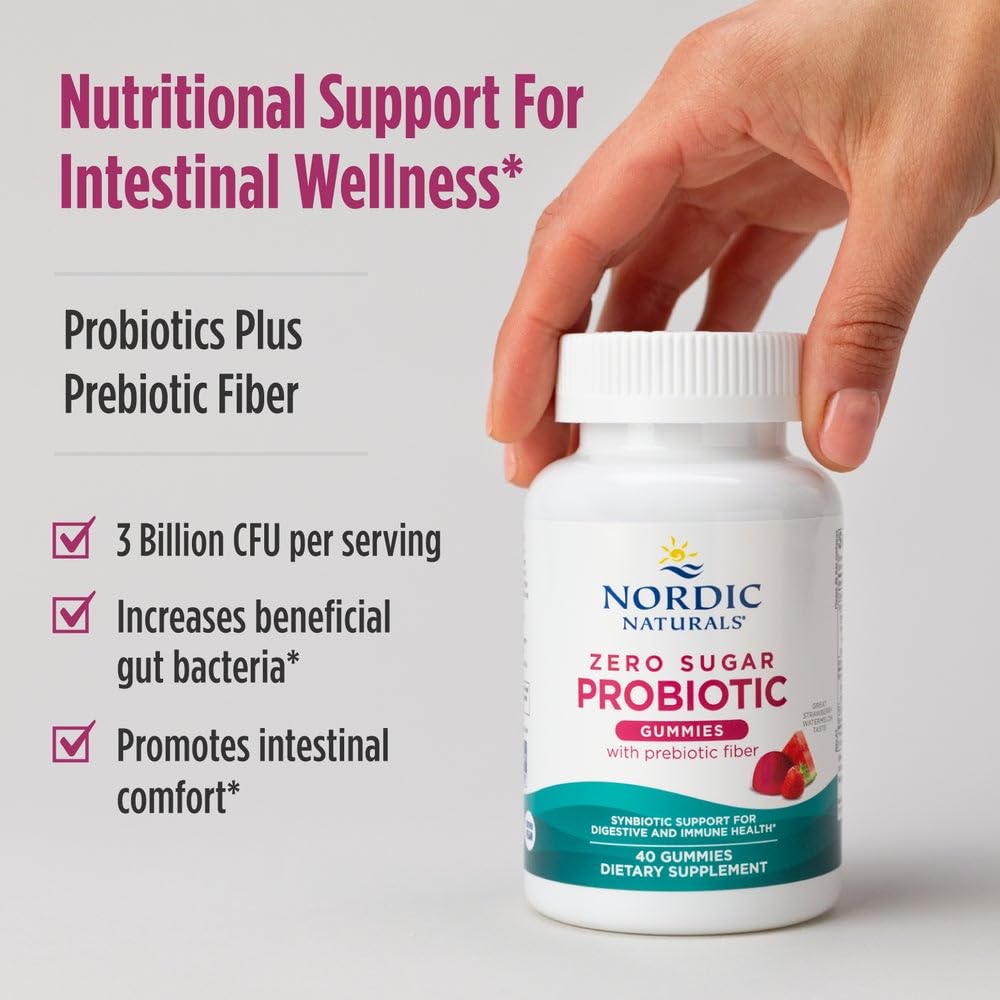 Nordic Naturals Zero Sugar Probiotic Gummies - Strawberry Watermelon Flavor - 40 Gummies - Supports Digestive Wellness & Immune Health - Non-GMO - Third Party Tested - Vegan - 20 Servings - TrustMedUSA