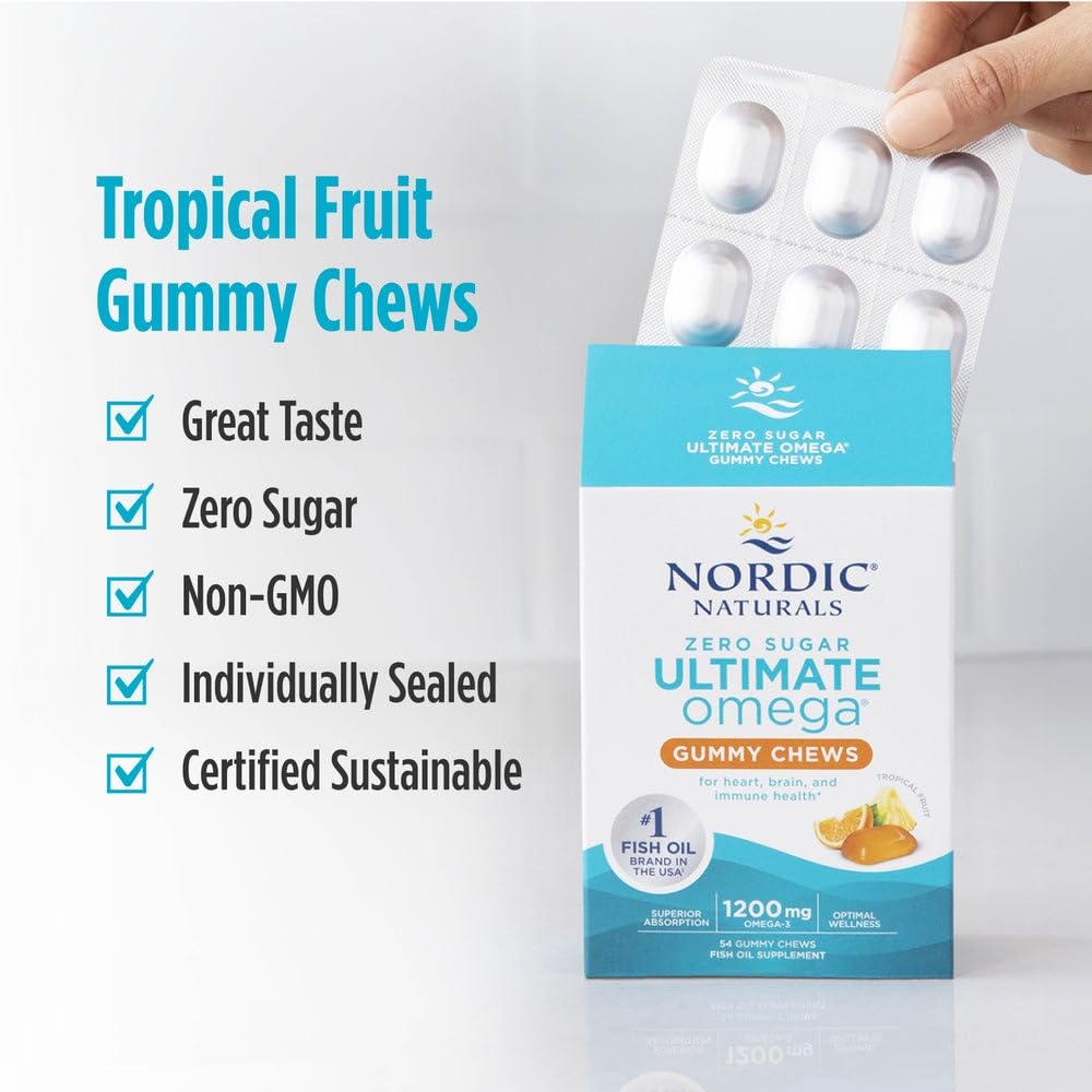 Nordic Naturals Zero Sugar Ultimate Omega Gummy Chews - Tropical Fruit - 54 Gummy Chews - Non GMO - Optimal Wellness - 27 Servings - TrustMedUSA