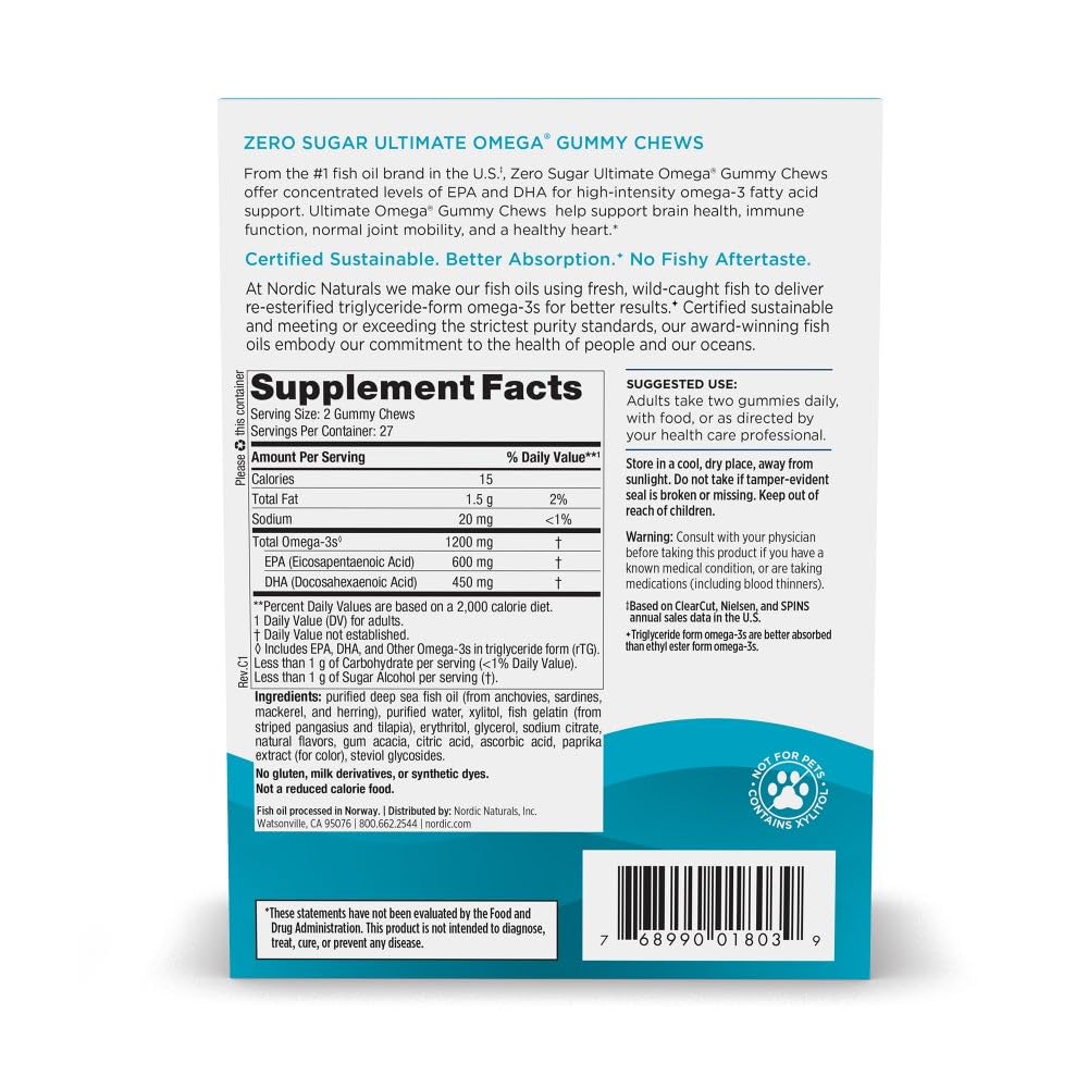 Nordic Naturals Zero Sugar Ultimate Omega Gummy Chews - Tropical Fruit - 54 Gummy Chews - Non GMO - Optimal Wellness - 27 Servings - TrustMedUSA