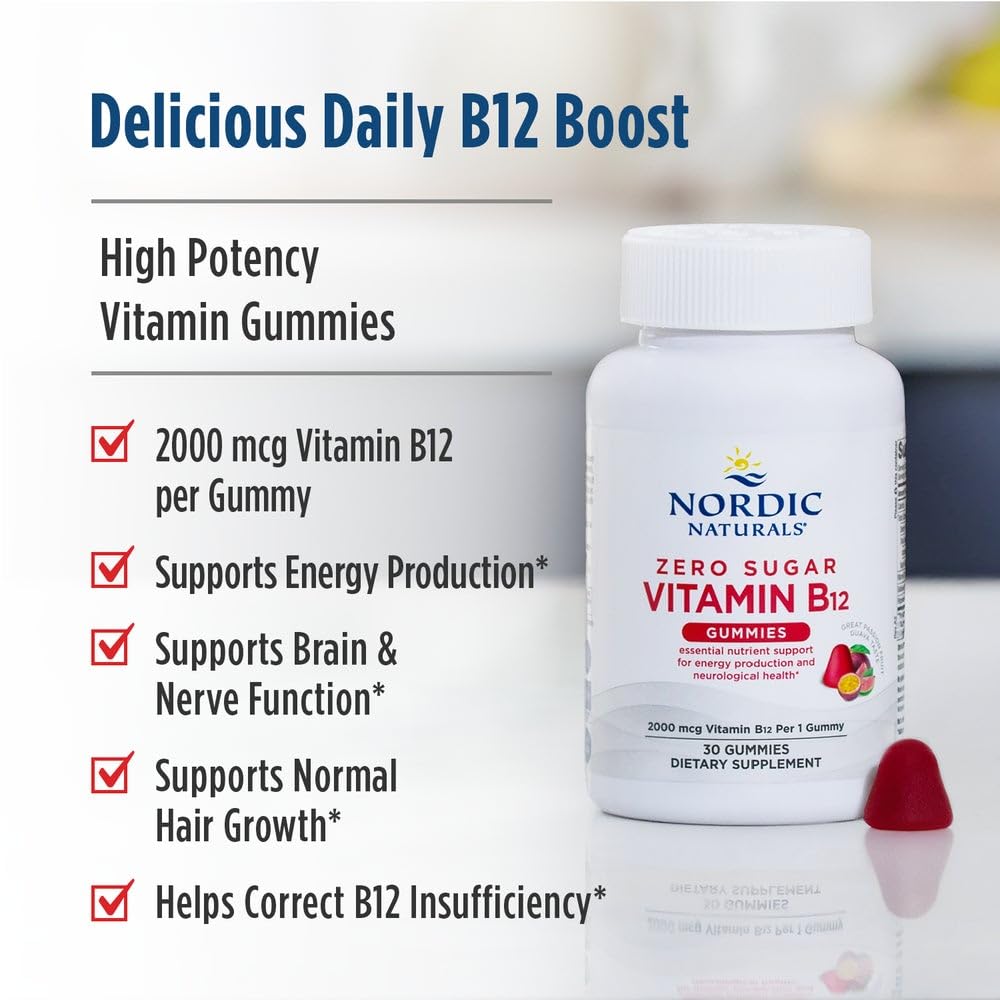 Nordic Naturals Zero Sugar Vitamin B12 Gummies - 2000 mcg Vitamin B12 per Gummy, Passion Fruit Guava Flavor - 30 Gummies, Essential Nutrient Support for Energy Production and Brain Health, 30 Servings - TrustMedUSA
