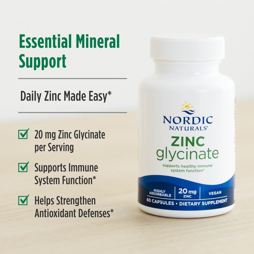 Nordic Naturals Zinc Glycinate - 60 Capsules - 20 mg Highly Absorbable Zinc Glycinate - Optimal Wellness - Non-GMO, Gluten Free, Vegan - 60 Servings - TrustMedUSA