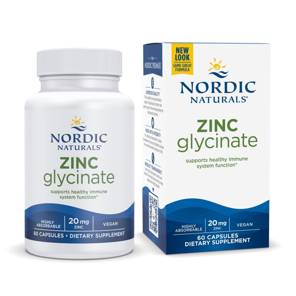 Nordic Naturals Zinc Glycinate - 60 Capsules - 20 mg Highly Absorbable Zinc Glycinate - Optimal Wellness - Non-GMO, Gluten Free, Vegan - 60 Servings - TrustMedUSA