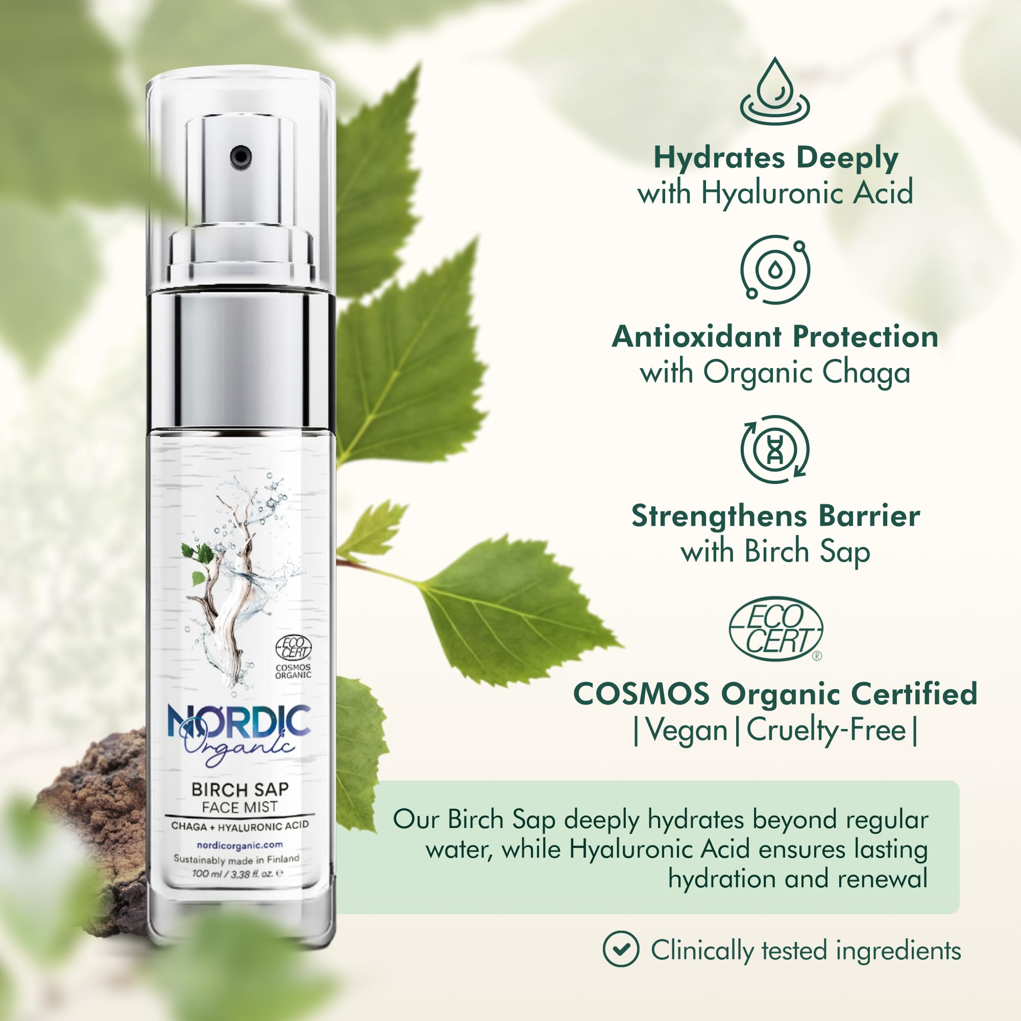Nordic Organic Birch Sap Face Mist – COSMOS Certified Organic Formula with Hyaluronic Acid & Chaga Mushroom, Fragrance Free, Made in Finland 3.38 oz (100 ml), 1 Bottle - TrustMedUSA