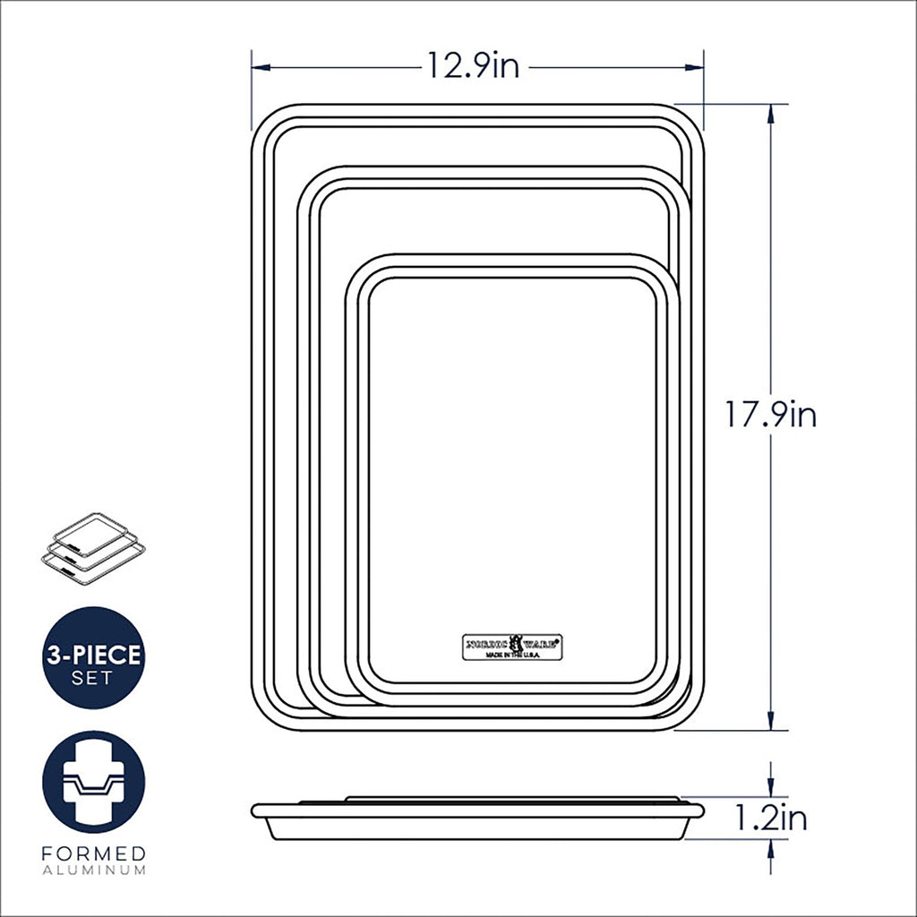 Nordic Ware Naturals 3 Piece Set - USA Made Aluminum Commercial Quality Sheet Pan for Baking or Roasting, Encapsulated Galvanized Steel Rim Prevents Warping; Half Sheet, Jelly Roll and Quarter Sheet - TrustMedUSA