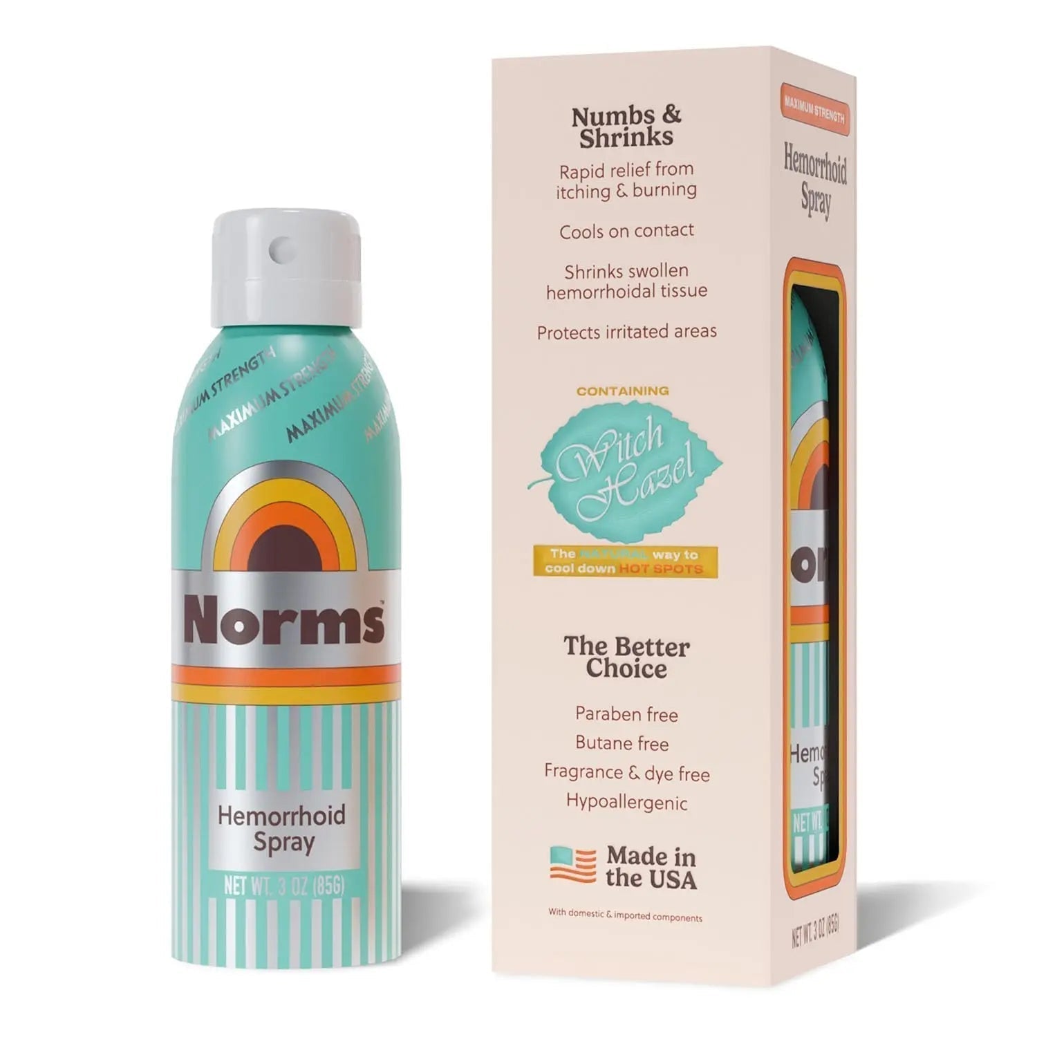 Norms Cooling Hemorrhoid Spray, Maximum Strength Touch-Free Relief with Phenylephrine, Witch Hazel, Aloe, Shrinks Swelling, Calms Itching, Soothes on Contact, 3oz Spray - TrustMedUSA