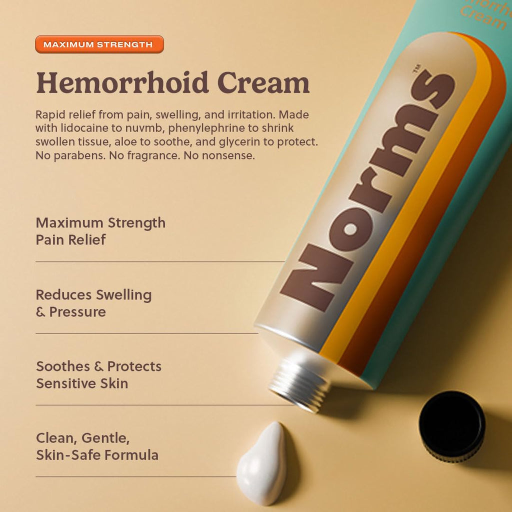 Norms Hemorrhoid Treatment Cream, Max Strength 5% Lidocaine, Rapid Relief for Hemorrhoidal Pain, Swelling, Itching, with Phenylephrine HCL, Aloe & Glycerin – Big Squeeze 2oz Tube - TrustMedUSA