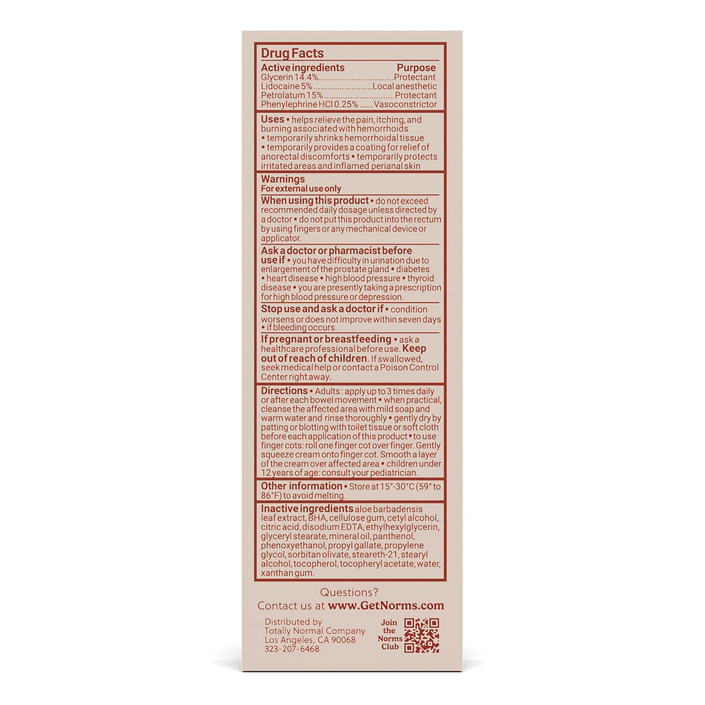Norms Hemorrhoid Treatment Cream, Max Strength 5% Lidocaine, Rapid Relief for Hemorrhoidal Pain, Swelling, Itching, with Phenylephrine HCL, Aloe & Glycerin – Big Squeeze 2oz Tube - TrustMedUSA