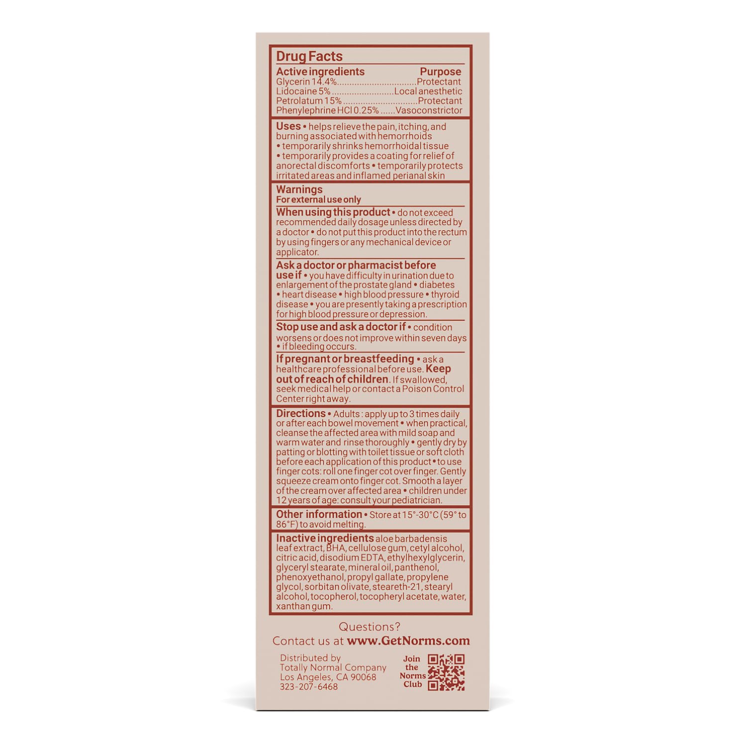 Norms Hemorrhoid Treatment Cream, Max Strength 5% Lidocaine, Rapid Relief for Hemorrhoidal Pain, Swelling, Itching, with Phenylephrine HCL, Aloe & Glycerin – Big Squeeze 2oz Tube - TrustMedUSA
