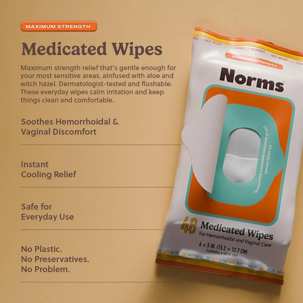 Norms Medicated Hemorrhoid Wipes with Witch Hazel and Aloe, Soothing Flushable Wipes for Itching, Burning & Swelling Relief, Hypoallergenic & Fragrance Free - 48ct (Pack of 3) - TrustMedUSA