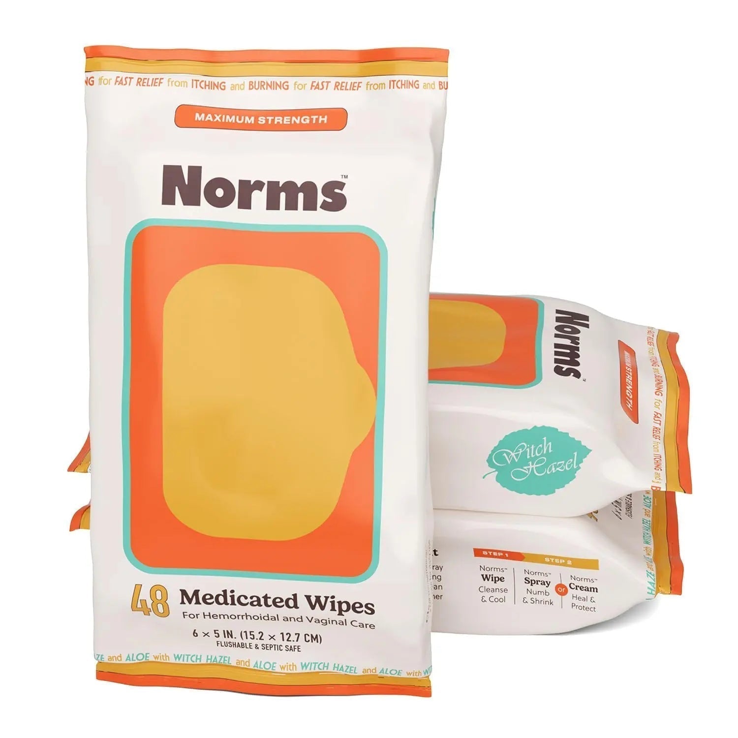 Norms Medicated Hemorrhoid Wipes with Witch Hazel and Aloe, Soothing Flushable Wipes for Itching, Burning & Swelling Relief, Hypoallergenic & Fragrance Free - 48ct (Pack of 3) - TrustMedUSA