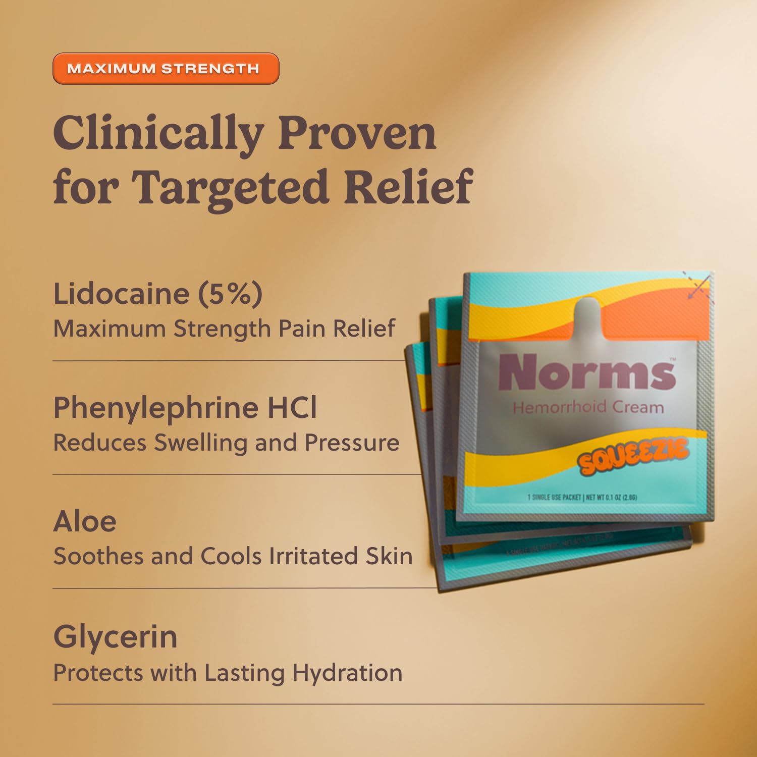 Norms Squeezies Lidocaine Hemorrhoid Cream, Discreet Single Use Travel Packets, 5% Lidocaine, Phenylephrine, Aloe and Glycerin – Numbing, Soothing & Swelling Relief On the Go, 5 Count - TrustMedUSA