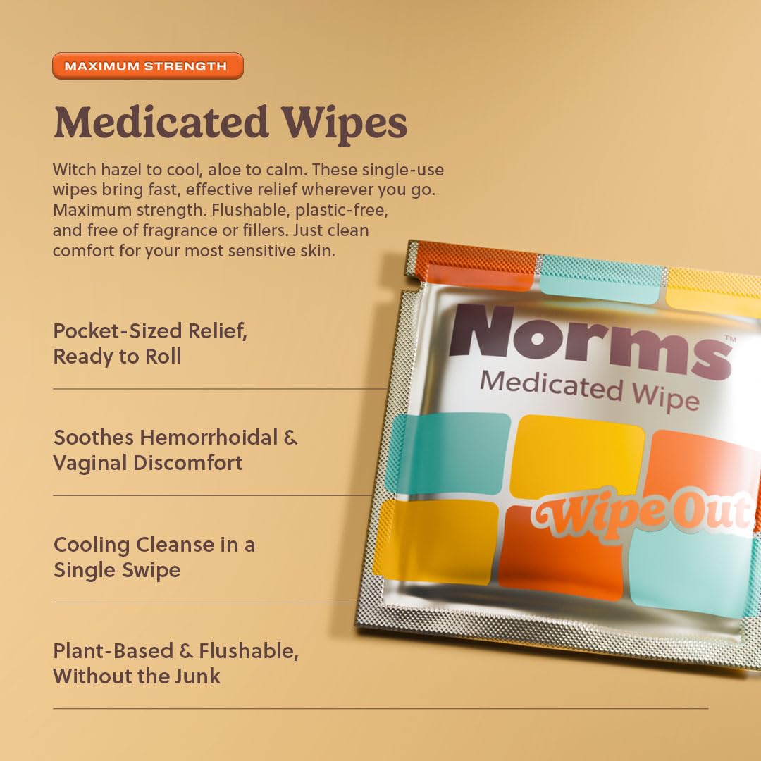Norms Wipe Outs Hemorrhoid Wipes, 24 Individually Wrapped Witch Hazel Wipes with Aloe to Soothe and Cool Itching, Burning and Irritation, Flushable Septic Safe, Plant Based & Plastic-Free - TrustMedUSA