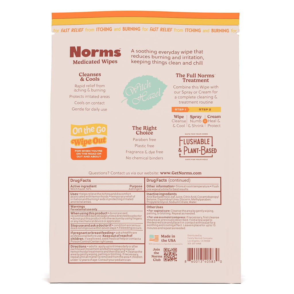 Norms Wipe Outs Hemorrhoid Wipes, 24 Individually Wrapped Witch Hazel Wipes with Aloe to Soothe and Cool Itching, Burning and Irritation, Flushable Septic Safe, Plant Based & Plastic-Free - TrustMedUSA