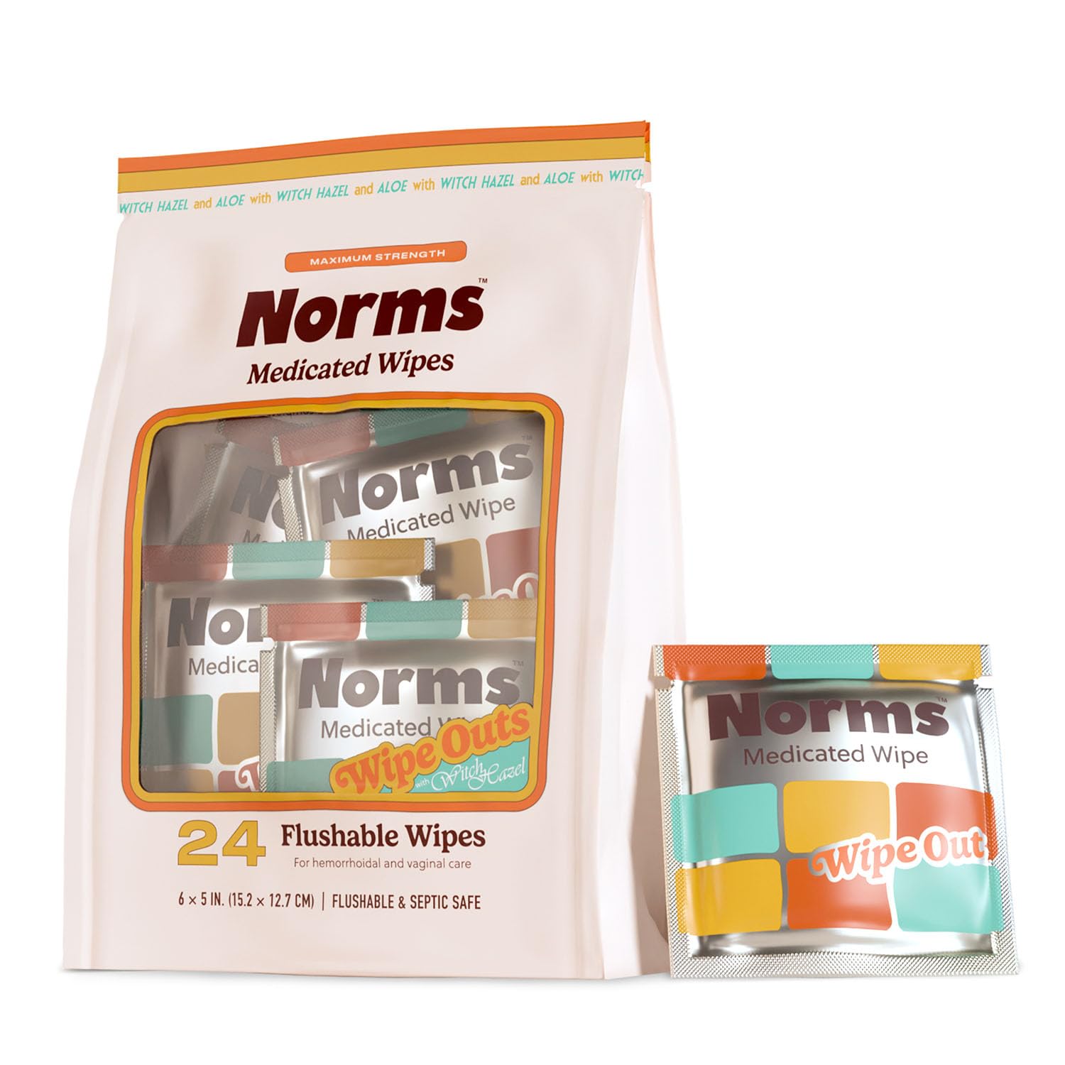 Norms Wipe Outs Hemorrhoid Wipes, 24 Individually Wrapped Witch Hazel Wipes with Aloe to Soothe and Cool Itching, Burning and Irritation, Flushable Septic Safe, Plant Based & Plastic-Free - TrustMedUSA