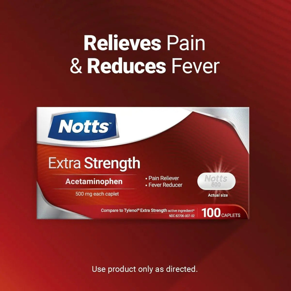 NOTTS Extra Strength 500 mg Caplets with Acetaminophen, Pain Reliever and Fever Reducer for Headache, Backache and Toothache, 100 Count - TrustMedUSA