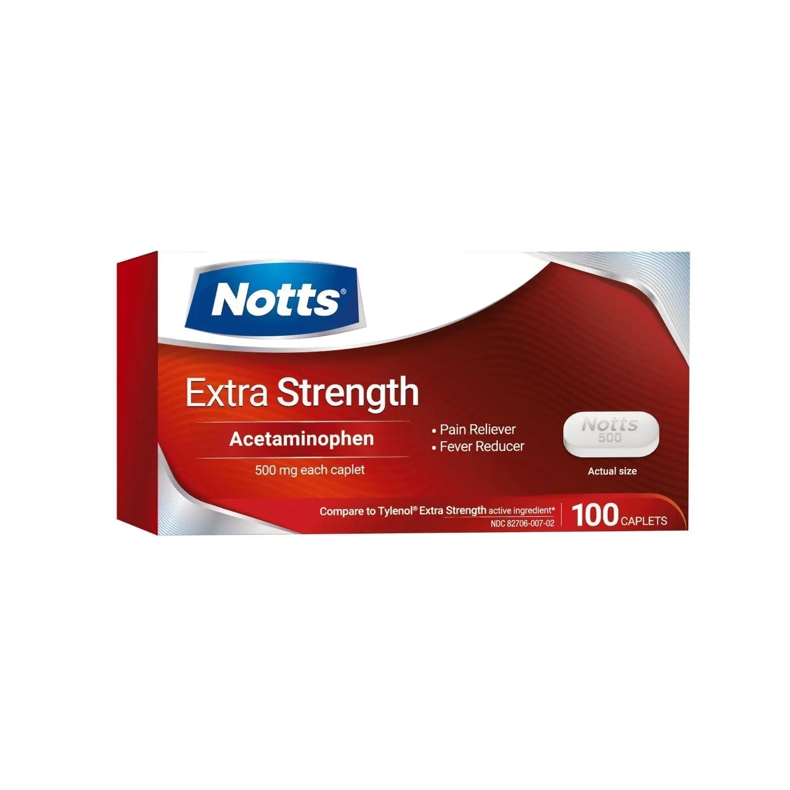 NOTTS Extra Strength 500 mg Caplets with Acetaminophen, Pain Reliever and Fever Reducer for Headache, Backache and Toothache, 100 Count - TrustMedUSA