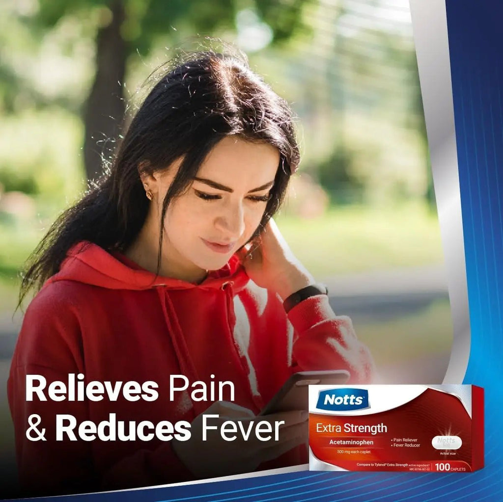 NOTTS Extra Strength 500 mg Caplets with Acetaminophen, Pain Reliever and Fever Reducer for Headache, Backache and Toothache, 100 Count - TrustMedUSA