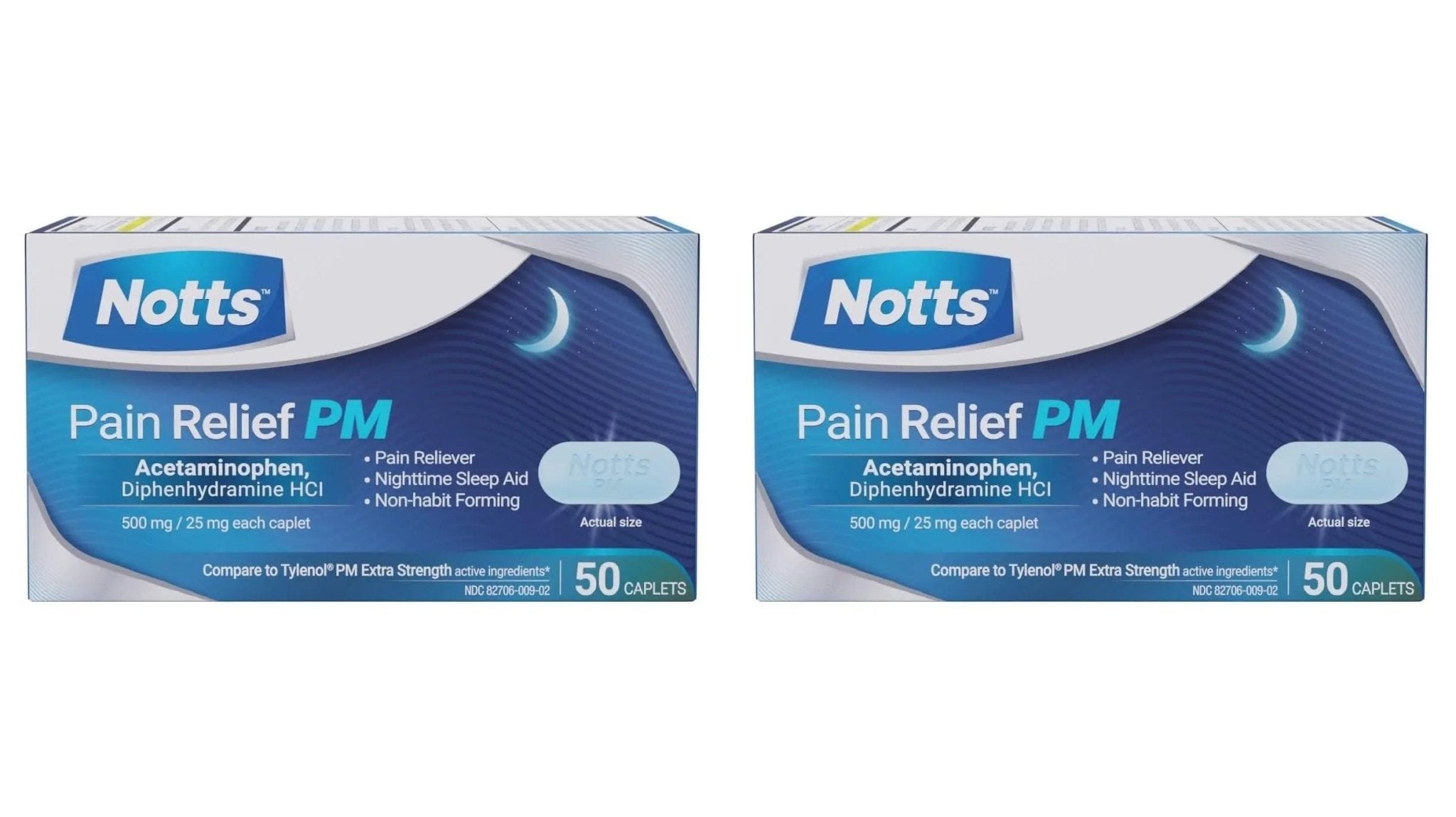 NOTTS PM Extra Strength Pain Relief & Sleep Aid, 500mg Acetaminophen & 25mg Diphenhydramine HCl, 50 Caplets for Nighttime Aches, Headaches & Body Pain, Non-Habit Forming (Pack of 2) - TrustMedUSA
