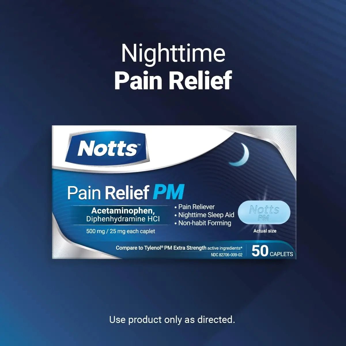 NOTTS PM Extra Strength Pain Relief & Sleep Aid, 500mg Acetaminophen & 25mg Diphenhydramine HCl, 50 Caplets for Nighttime Aches, Headaches & Body Pain, Non-Habit Forming (Pack of 2) - TrustMedUSA
